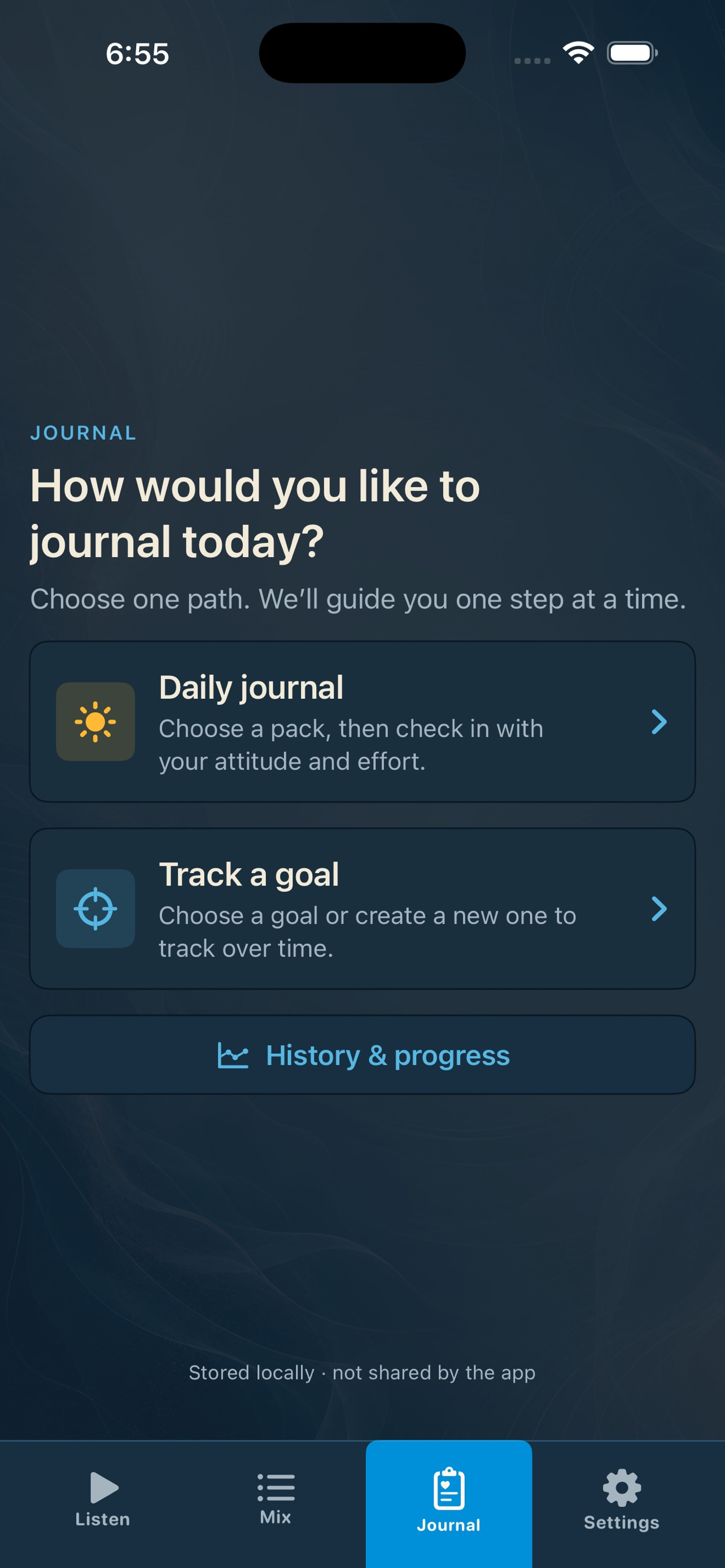 Brain Shift Journal choice screen with Daily Journal and Track a Goal.