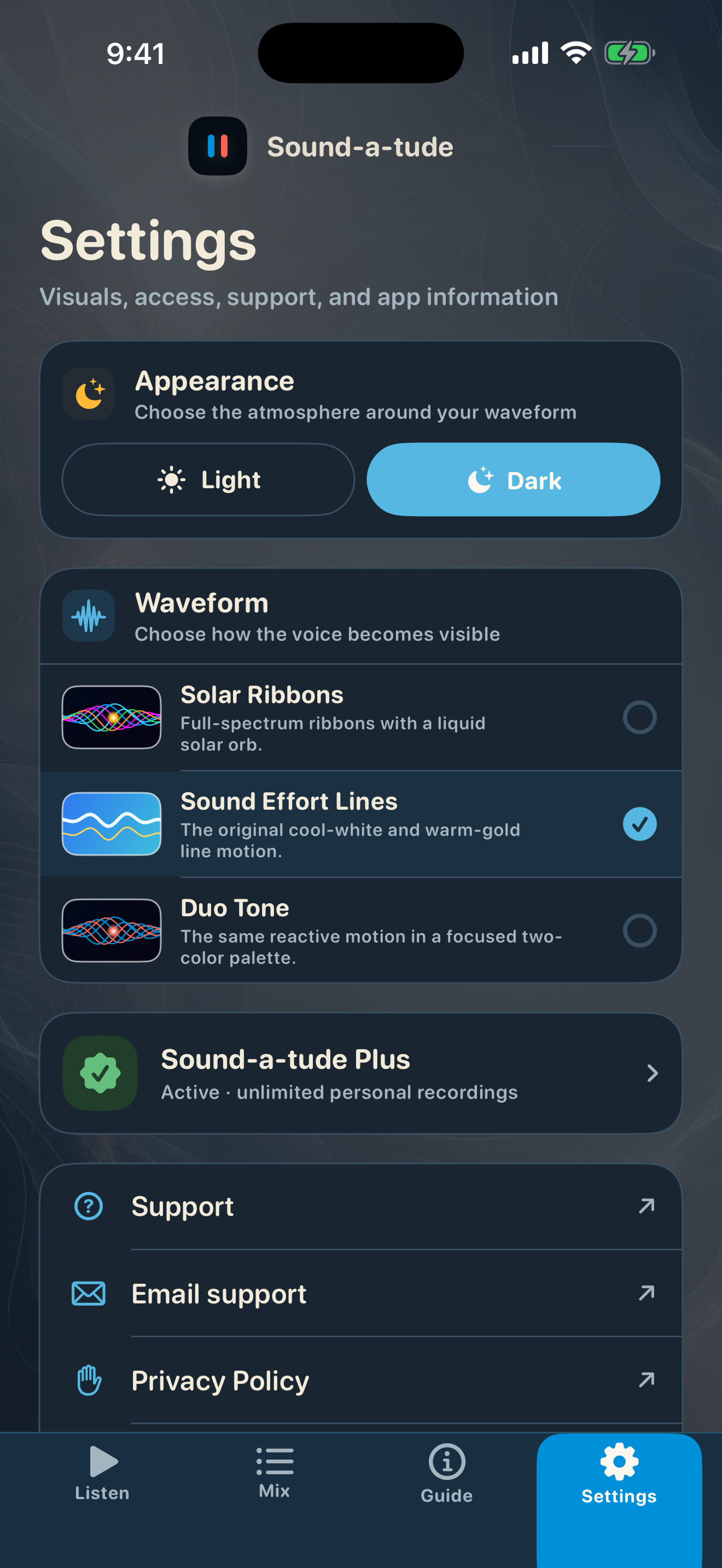 Brain Shift Settings screen in Dark appearance, showing appearance and waveform choices plus links to Support and Privacy Policy.