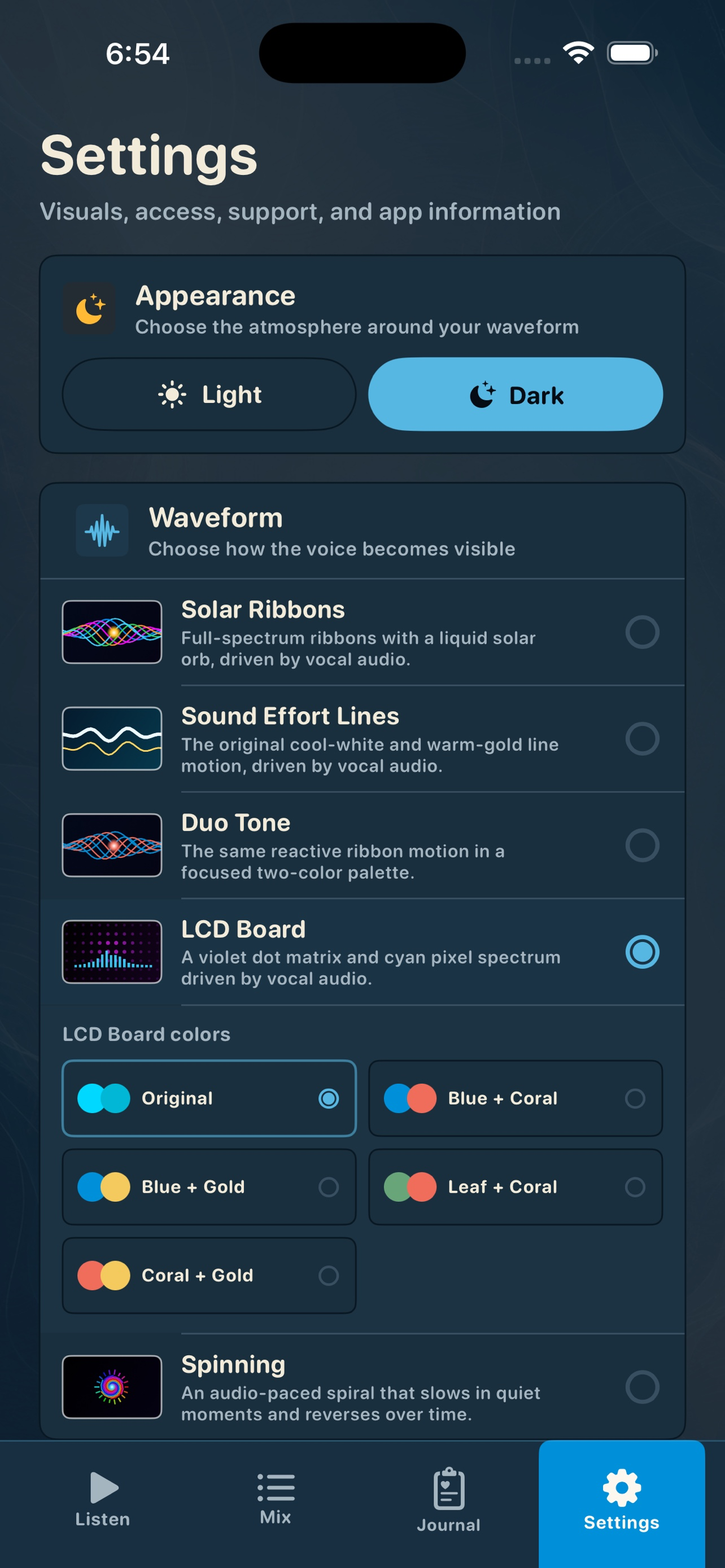 Brain Shift waveform styles: five visualizers including LCD Board, Duo Tone, and Spinning.